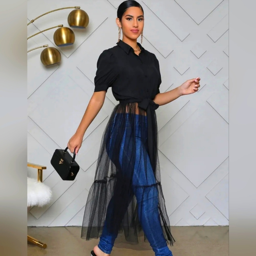 Button Down Blouse with Tulle